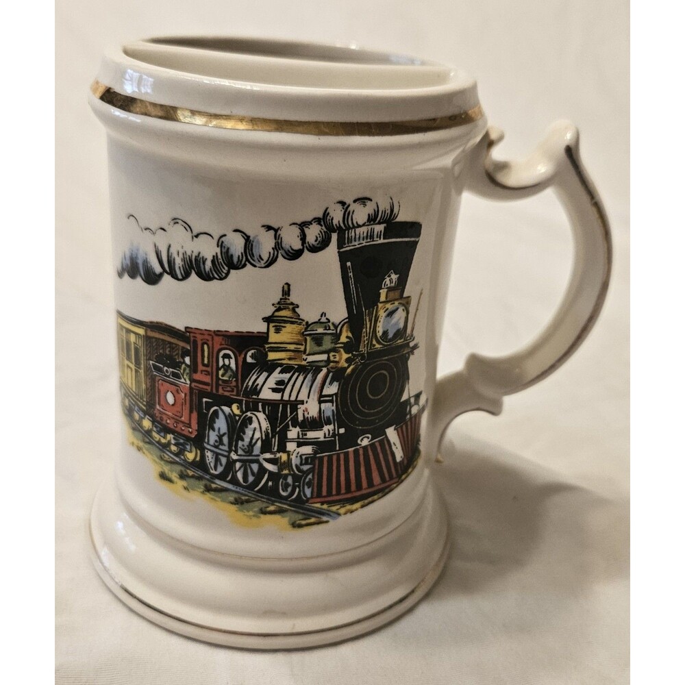 Vintage Mustache Coffee Tea Cup Mug w/ Train Engine Design & Gold Trim Excellent